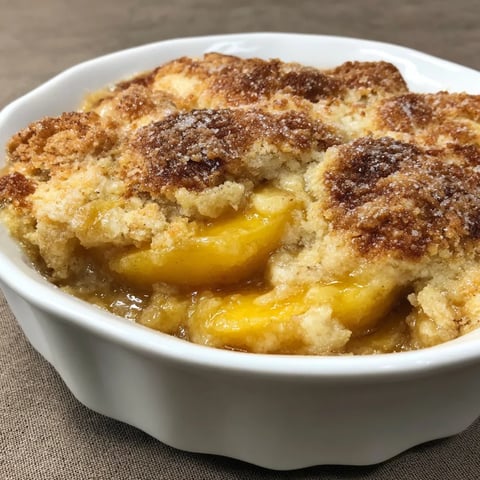 A white bowl filled with a peach cobbler dessert.