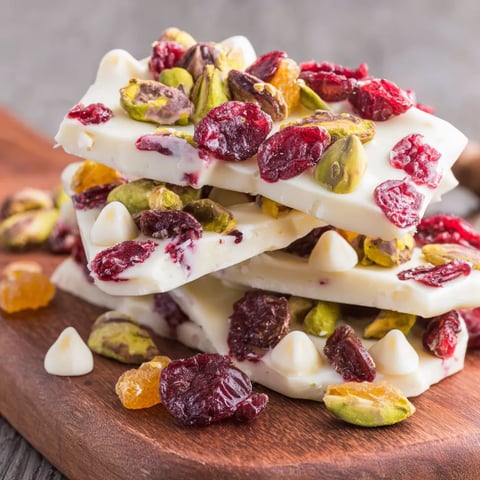 White chocolate bark with red fruits.