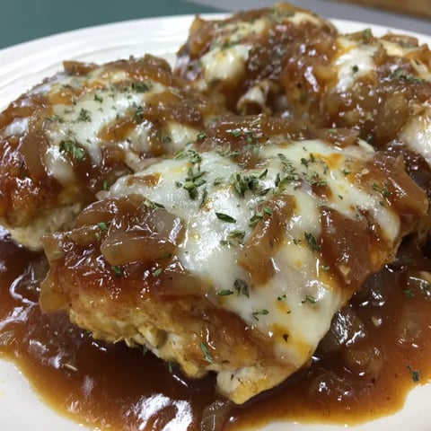 French onion chicken on a plate.
