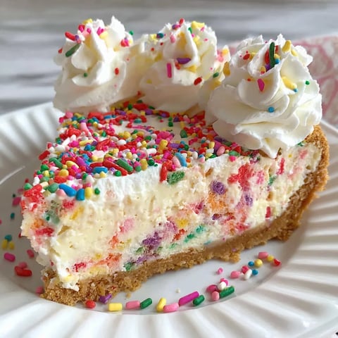 A slice of funfetti cheesecake on a plate.
