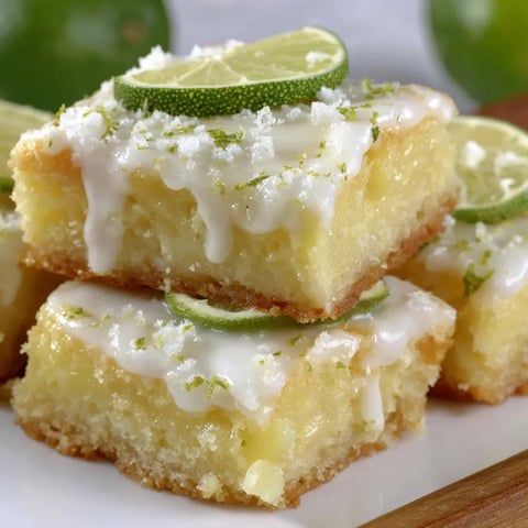 A stack of margarita bars with white icing and green limes.
