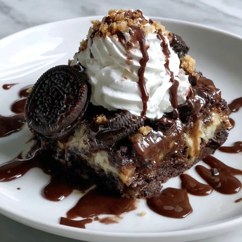 A slice of Oreo Dump Cake with chocolate sauce drizzled on top.