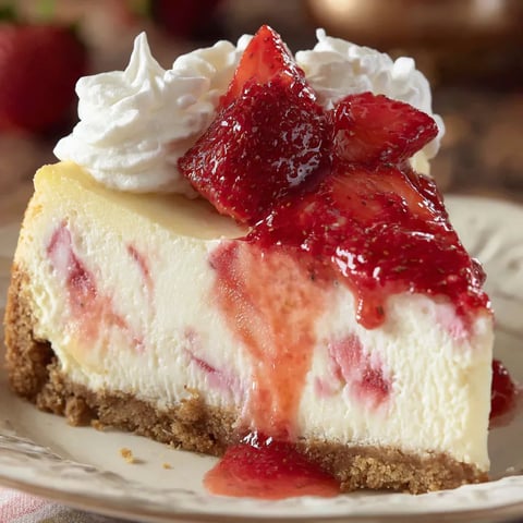 A slice of strawberry and cream cheesecake.