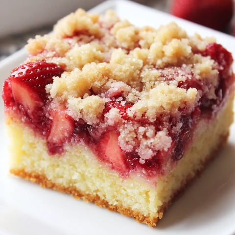 A slice of strawberry crumb cake on a white plate.