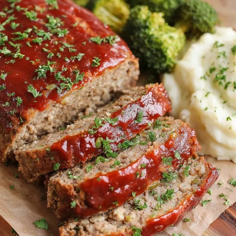 A meatloaf recipe with a side of mashed potatoes and broccoli.