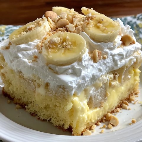 A slice of banana poke cake.