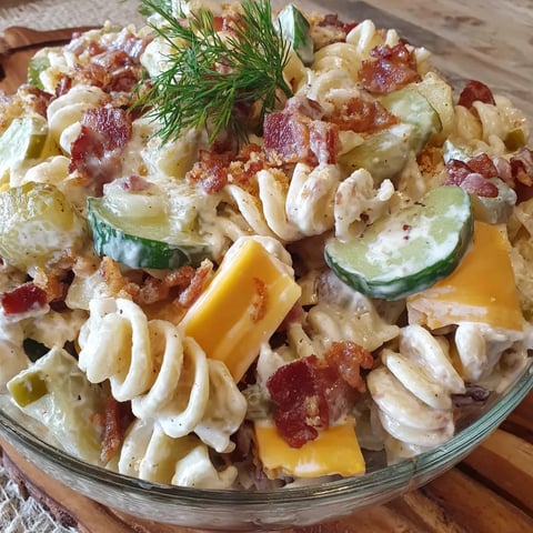 A dish of pasta salad with bacon and dill pickles.