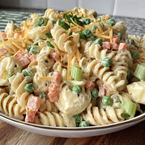 A bowl of creamy pasta salad.