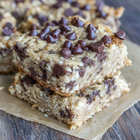 A stack of chocolate chip oatmeal breakfast squares.