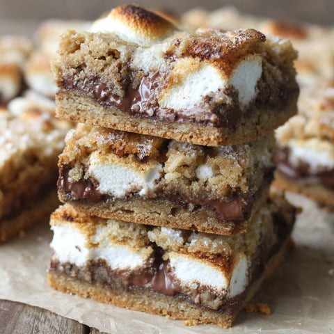 A stack of s'mores bars with chocolate and marshmallows.