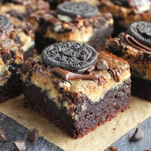 A slice of toffee oreo brownies.