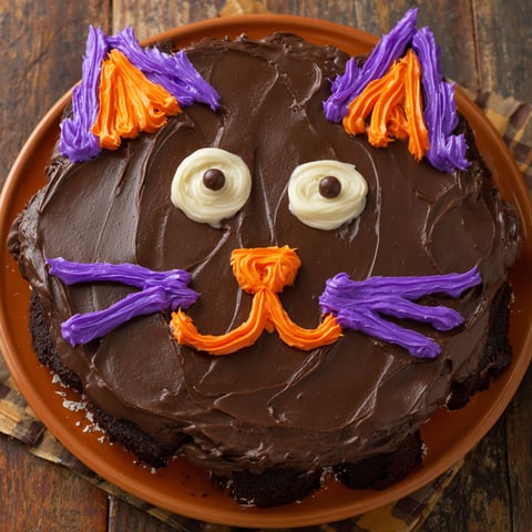 A chocolate cake with a cat face on it.