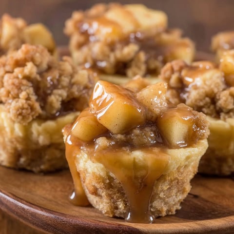 Mini apple crisp bites with caramel sauce.