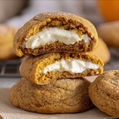 Pumpkin cheesecake cookies stacked on a paper towel.