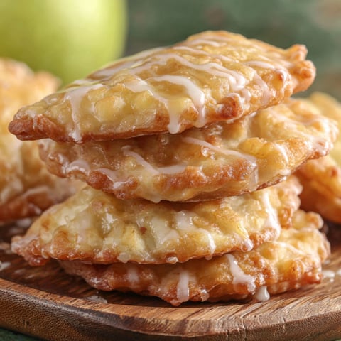 Deep fried apple hand pies stacked on a wooden platter.