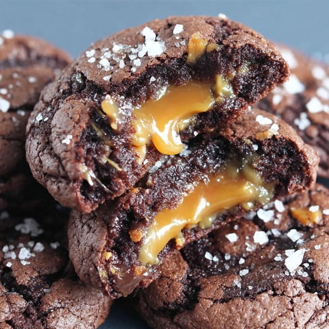A close up of a chocolate cookie with caramel and salt.