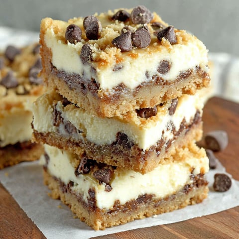 A stack of chocolate chip cookie dough cheesecake bars.