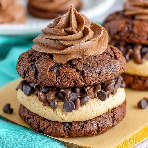 Two chocolate cake cookies stacked on top of each other.