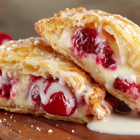 Two pieces of cherry cheesecake hand pies.
