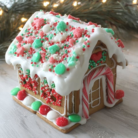 A gingerbread house with a candy roof and a door.