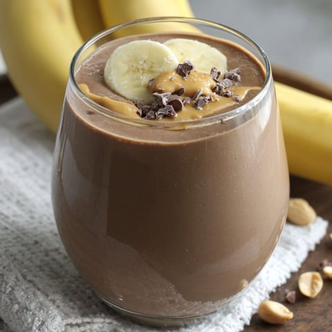 A glass of chocolate peanut butter protein shake.