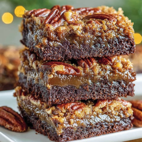 Three pieces of pecan pie brownies stacked on a plate.