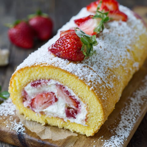 A cake roll with strawberries and cream on top.