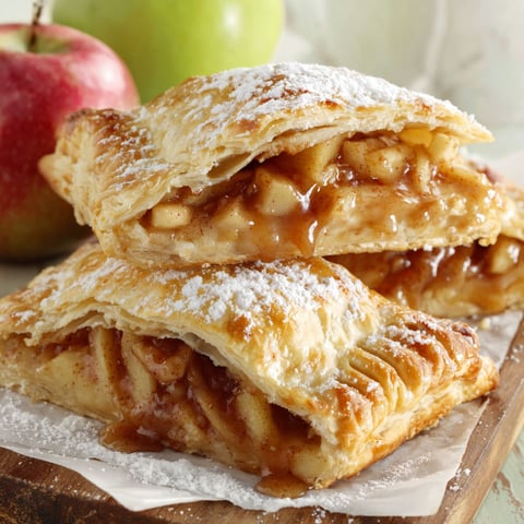 Two apple hand pies with powdered sugar on a wooden table.
