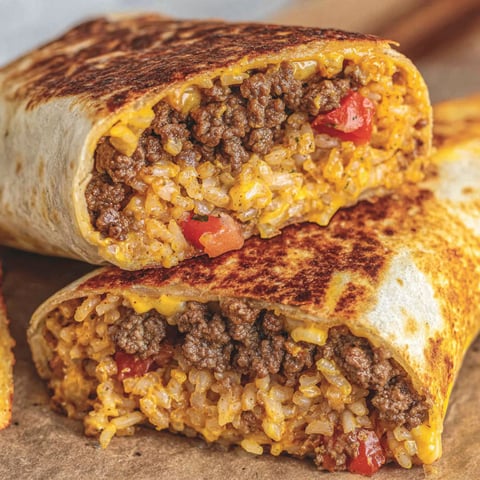 A grilled cheese burrito with rice and meat.