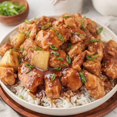 A plate of chicken with rice and pineapple.