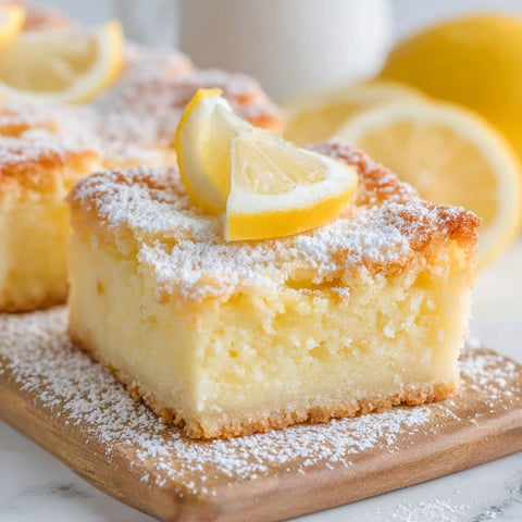 Two pieces of lemon bars with powdered sugar on a wooden board.