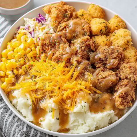 A bowl of food with chicken, cheese, and gravy.