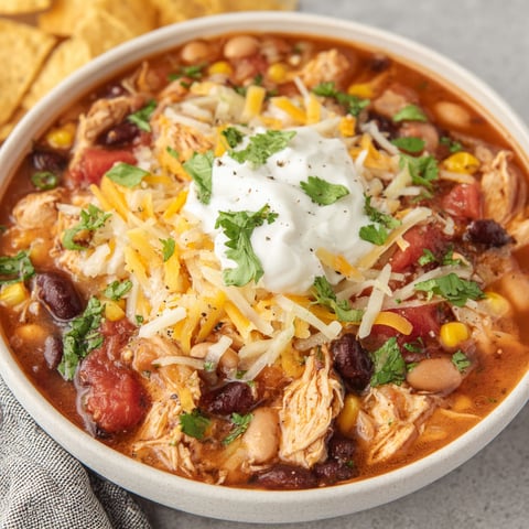 A bowl of chicken soup with a dollop of sour cream on top.