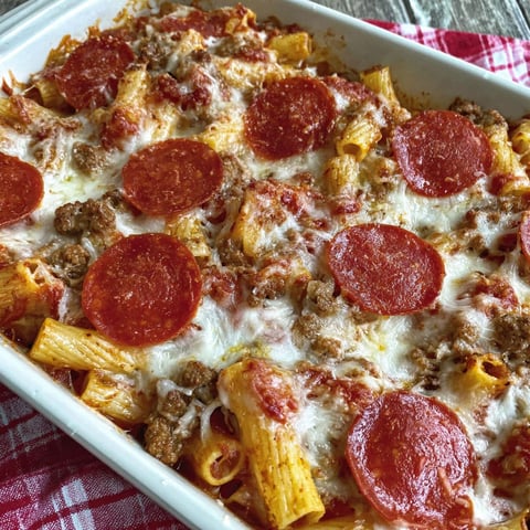 A delicious pasta bake with pepperoni and cheese.