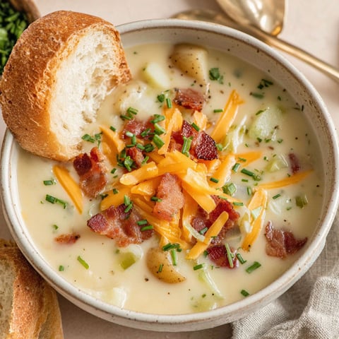 A bowl of potato soup with bacon and cheese.