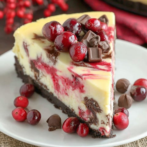 A slice of cranberry fudge swirl cheesecake.
