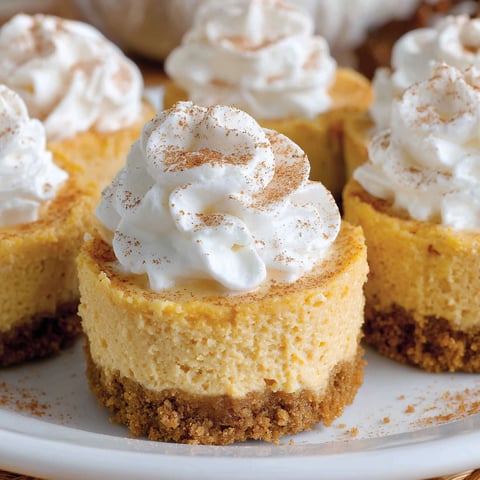 Three mini pumpkin cheesecakes with whipped cream on top.