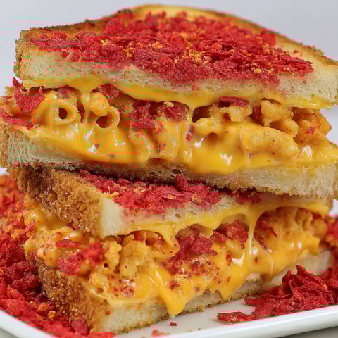 A grilled cheese sandwich with mac and cheese on top.