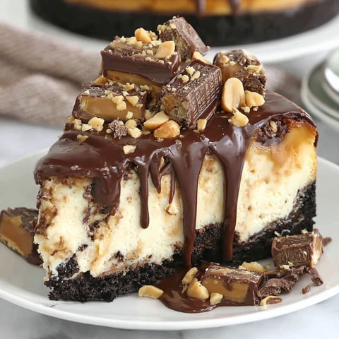 A slice of peanut butter snickers cheesecake with chocolate drizzle.