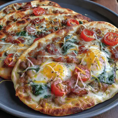 A breakfast flatbread with eggs and tomatoes.