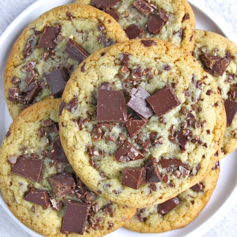 A plate of chocolate chip cookies.