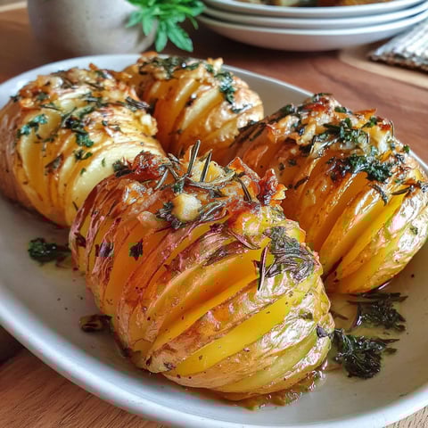 Three roasted potatoes with garlic and rosemary on a plate.