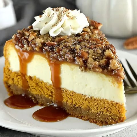 A slice of pumpkin bread cheesecake with a pecan praline topping.