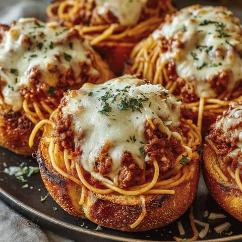 Spaghetti garlic bread bowls on a plate.