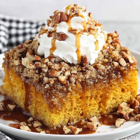 A slice of pecan pumpkin crunch cake with whipped cream on top.