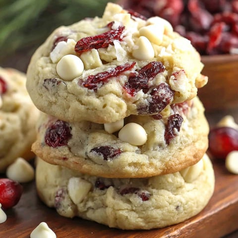 White chocolate cranberry cookies stacked on a wooden board.