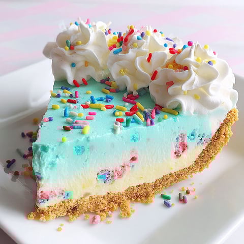 A slice of a no bake birthday cake pie.