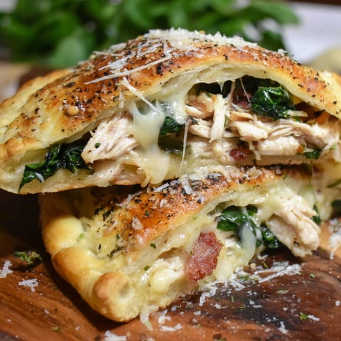 A chicken bacon ranch calzone is cut in half and placed on a wooden table.