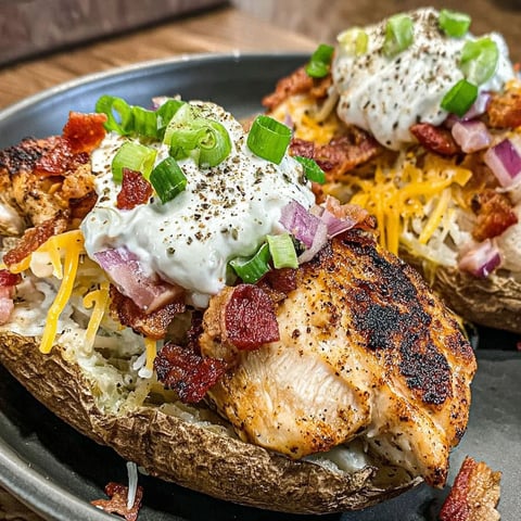 Two baked potatoes with chicken and bacon toppings.