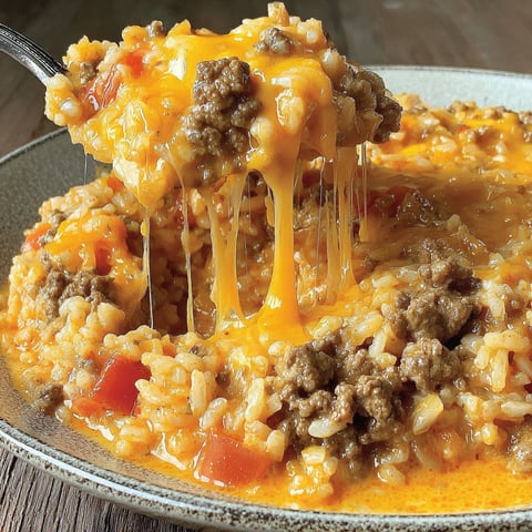 A bowl of cheesy queso ground beef and rice.